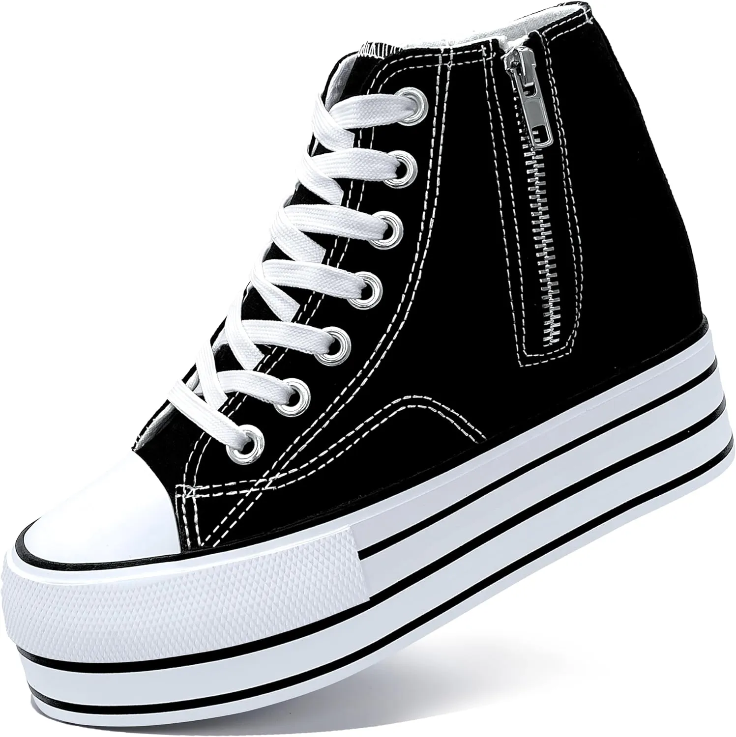 Womens Platform Wedge Sneakers Hidden Wedge 4 Inches Height Boost, High Top Canvas Heel Sneakers White Fashion Sneakers for Women and Girls