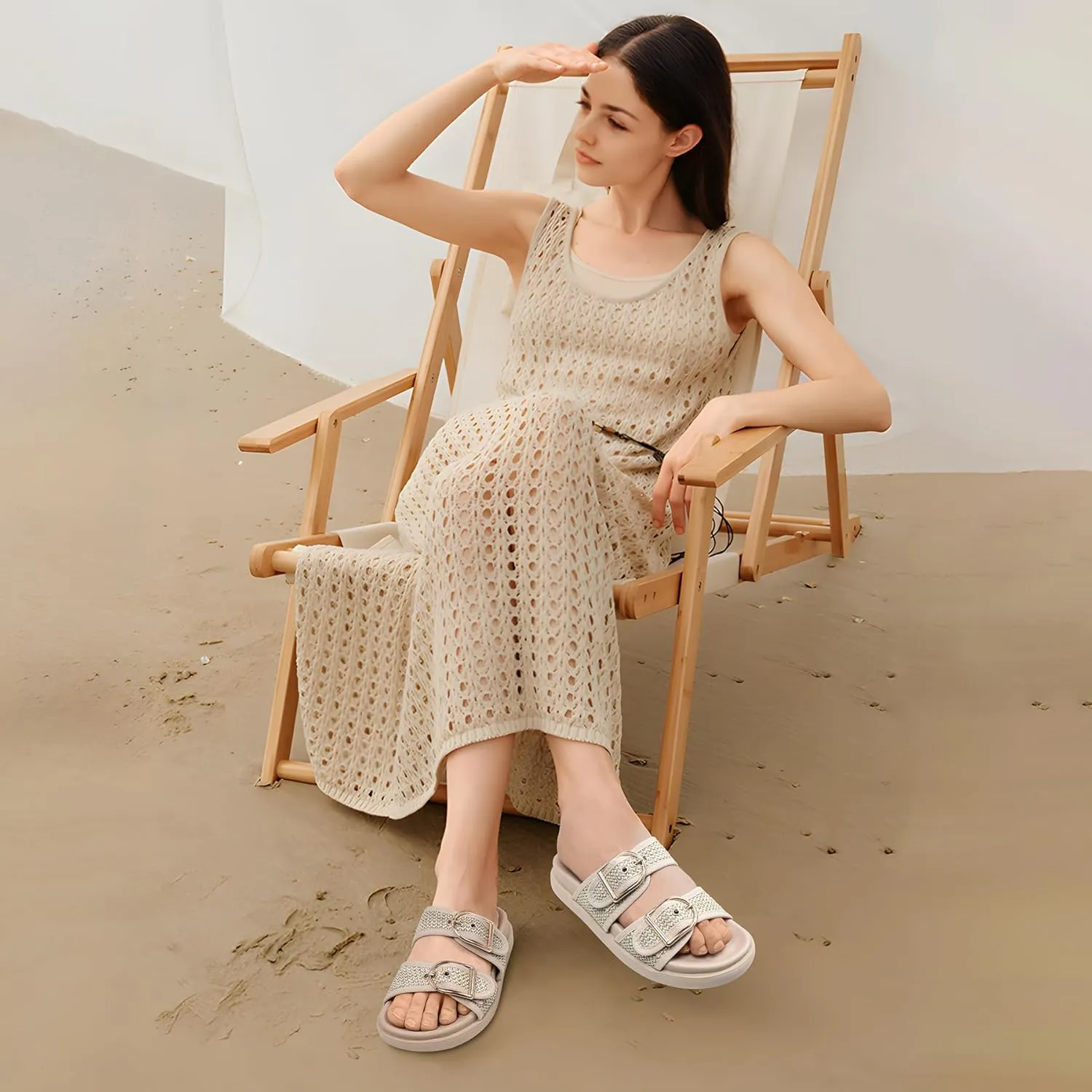Women's Raffia Platform Sandals Chunky Woven Slides with Adjustable Double Buckle, Comfortable Flatform summer shoes