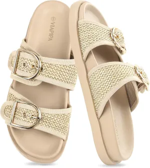 Women's Raffia Platform Sandals Chunky Woven Slides with Adjustable Double Buckle, Comfortable Flatform summer shoes