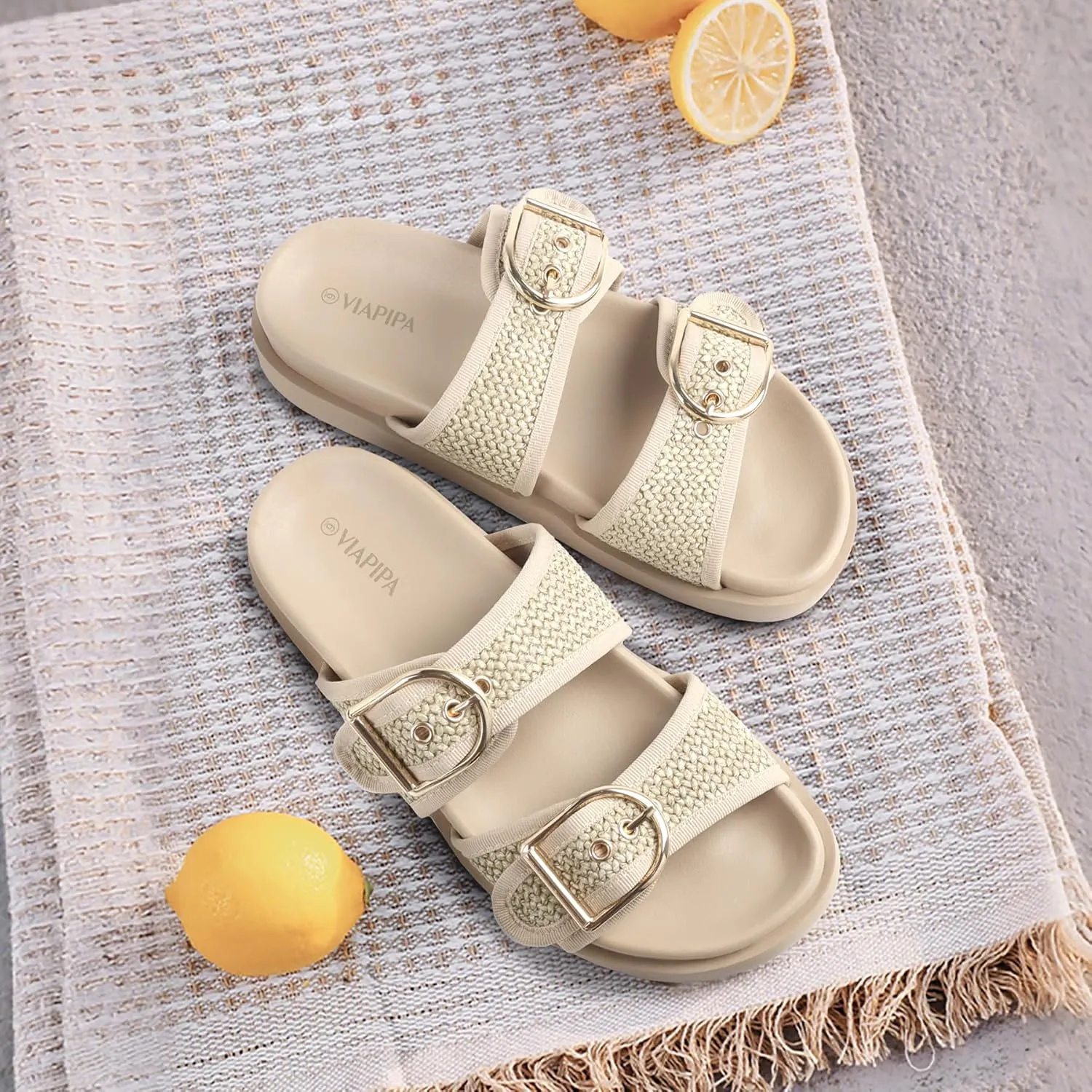 Women's Raffia Platform Sandals Chunky Woven Slides with Adjustable Double Buckle, Comfortable Flatform summer shoes