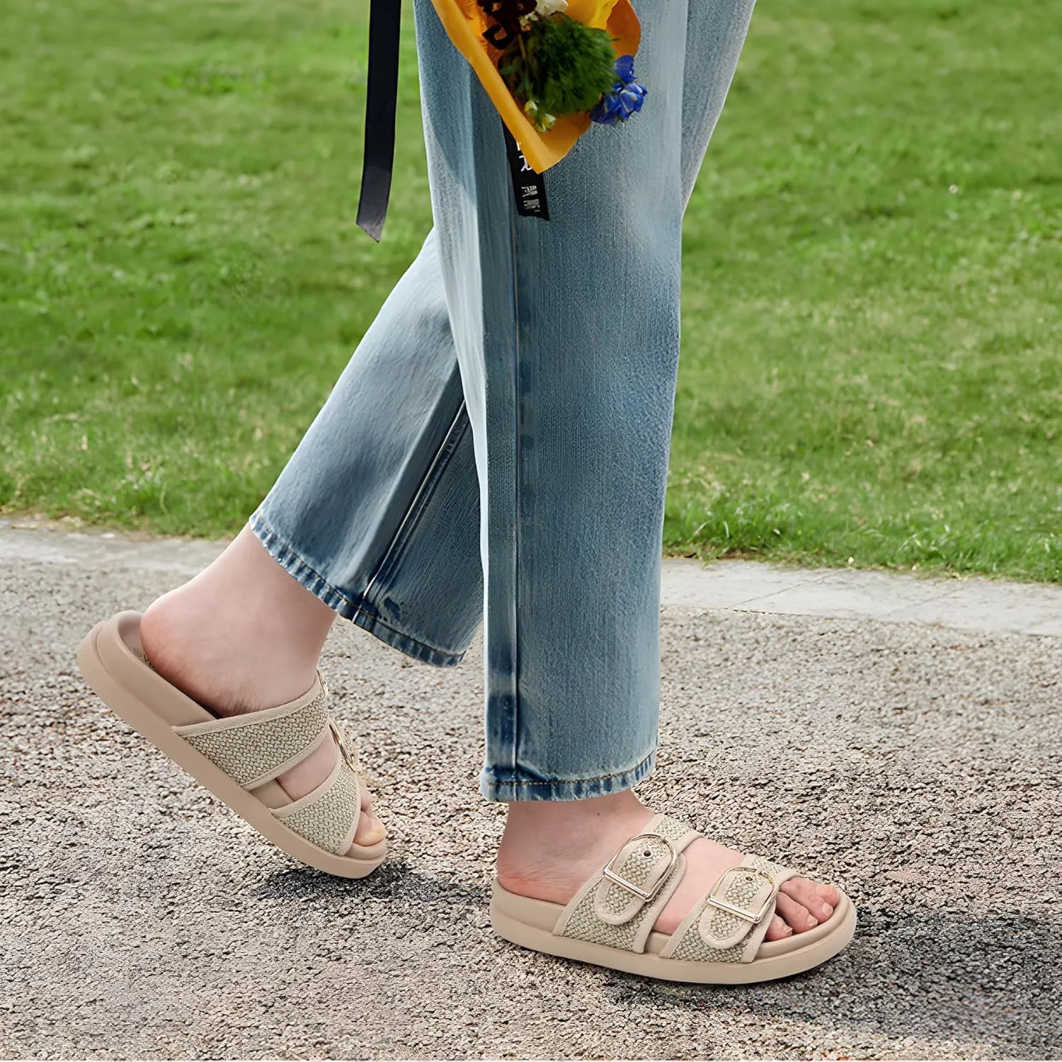 Women's Raffia Platform Sandals Chunky Woven Slides with Adjustable Double Buckle, Comfortable Flatform summer shoes