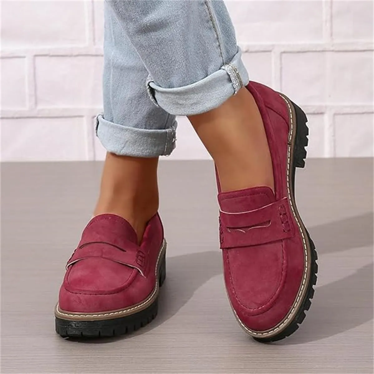 Women's Slip on Penny Loafers Shoes,Comfort Suede Platform Chunky Shoes for Work,Casual Women's Lug Sole Loafers
