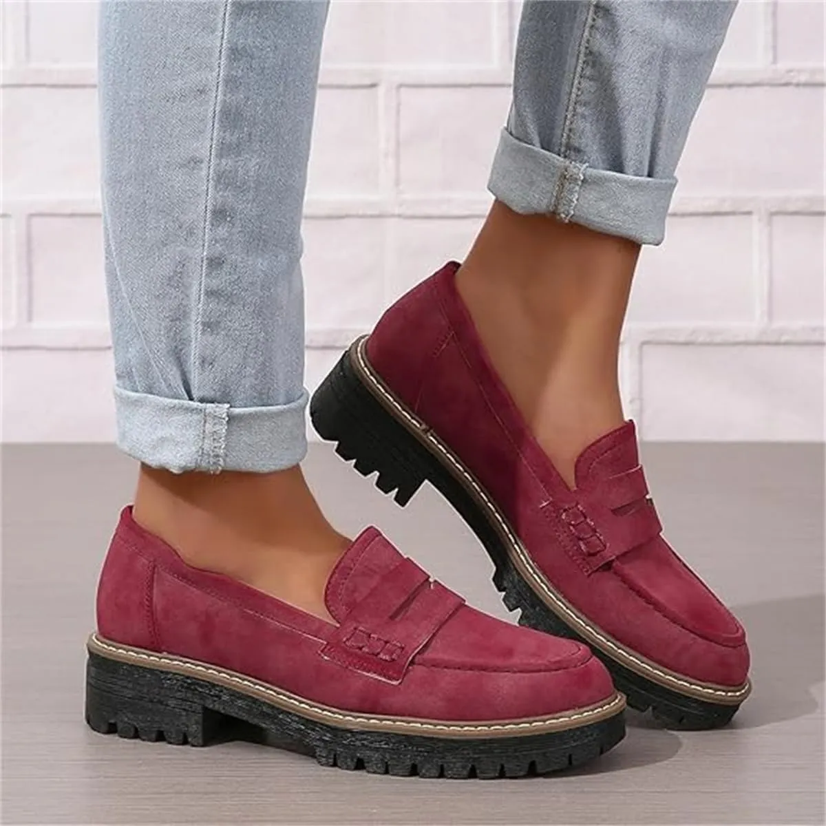 Women's Slip on Penny Loafers Shoes,Comfort Suede Platform Chunky Shoes for Work,Casual Women's Lug Sole Loafers