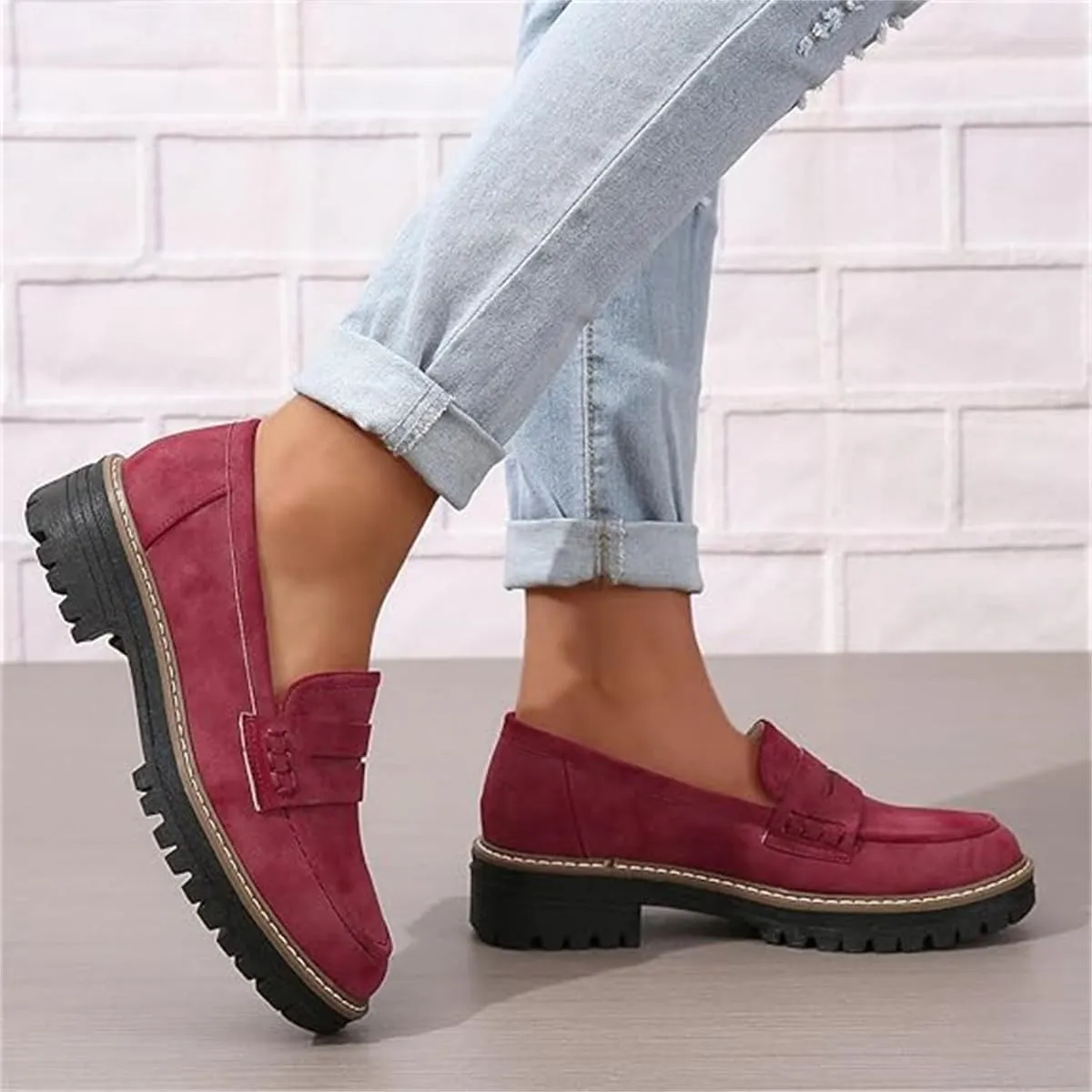 Women's Slip on Penny Loafers Shoes,Comfort Suede Platform Chunky Shoes for Work,Casual Women's Lug Sole Loafers