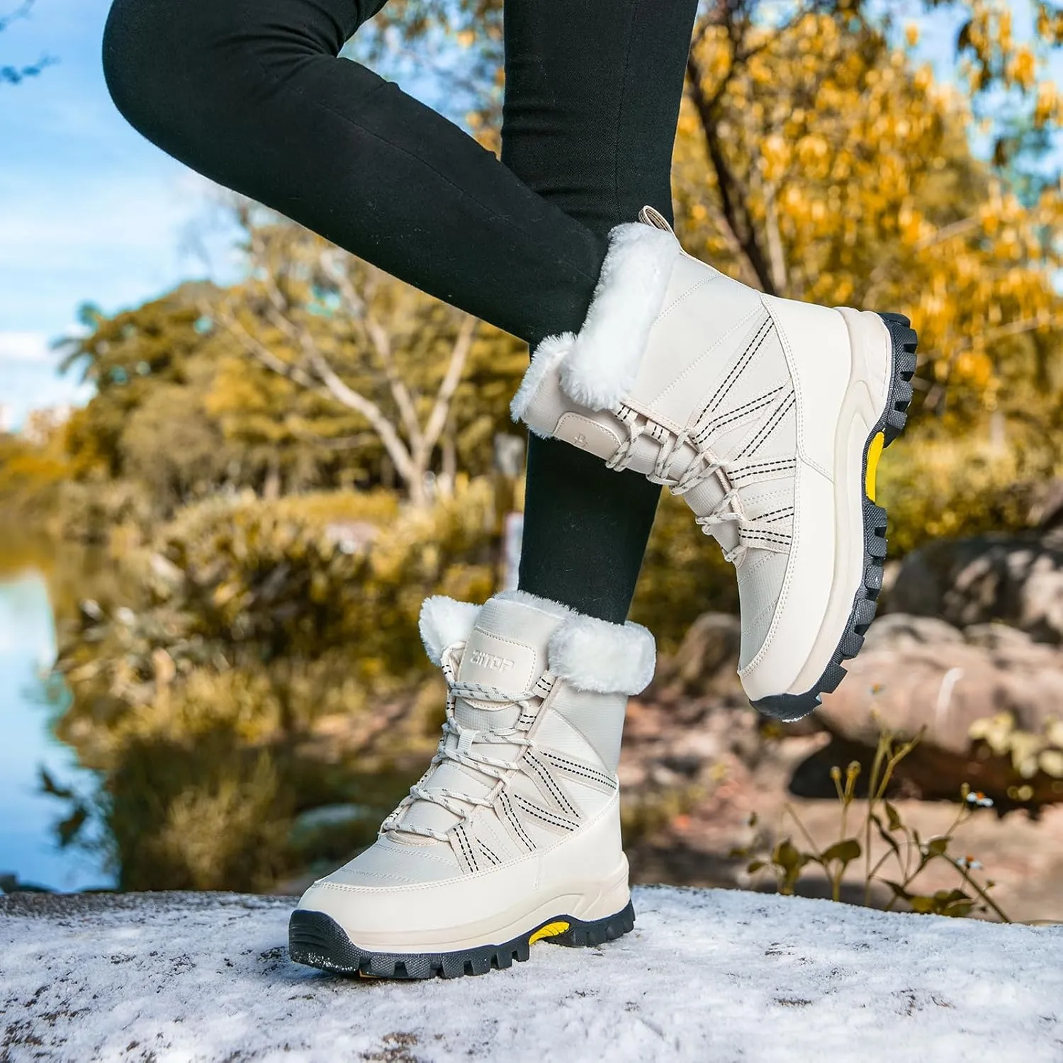 Womens Snow Boots Warm Fur Lined Winter Boots Anti Slip Ankle Boots Mid Calf Snowboots Waterproof and Cold-Resistant Outdoor Walking Shoes for Women Ladies Girls