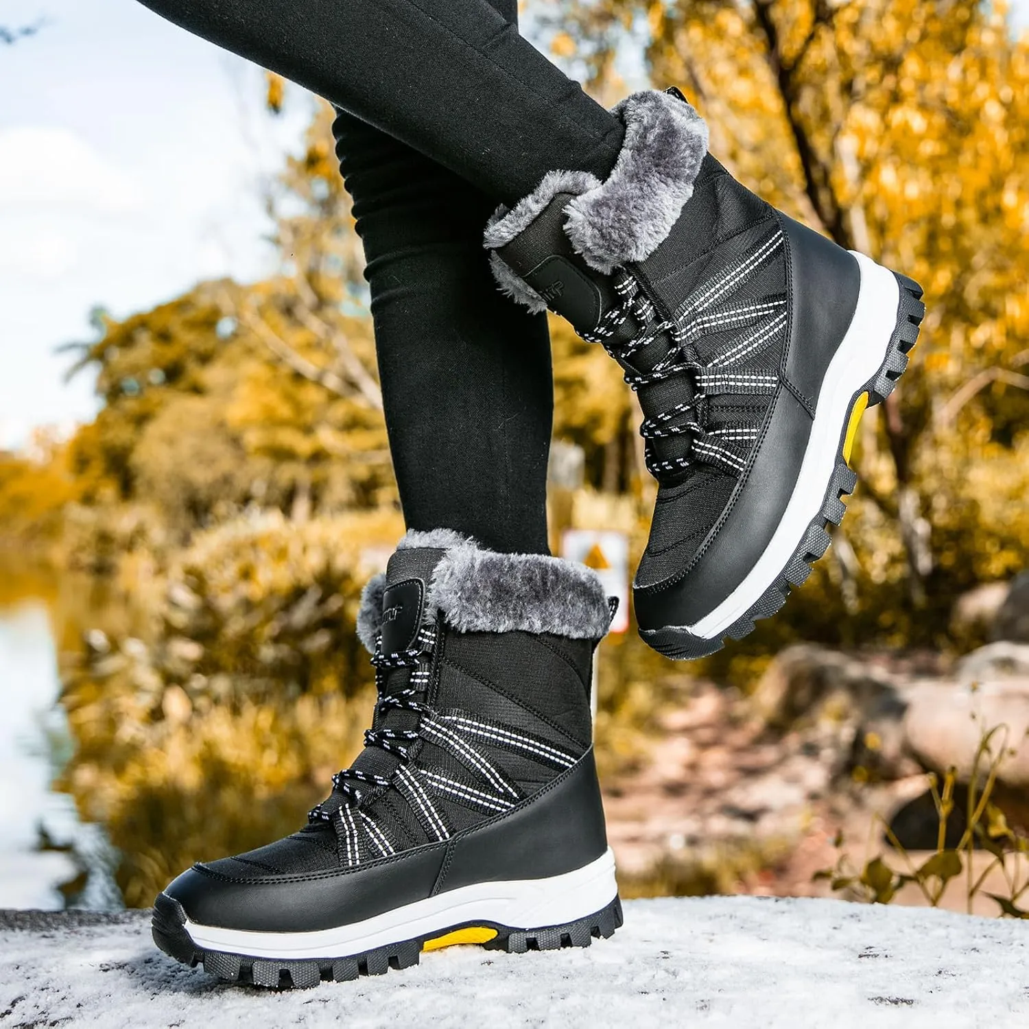 Womens Snow Boots Warm Fur Lined Winter Boots Anti Slip Ankle Boots Mid Calf Snowboots Waterproof and Cold-Resistant Outdoor Walking Shoes for Women Ladies Girls