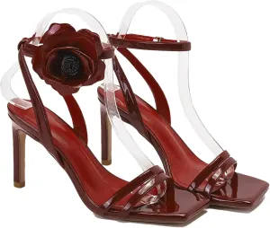 Women's Square Headed Lacquer Leather Sandals, Wine Red Flower Open Toe High Heels Summer French Style