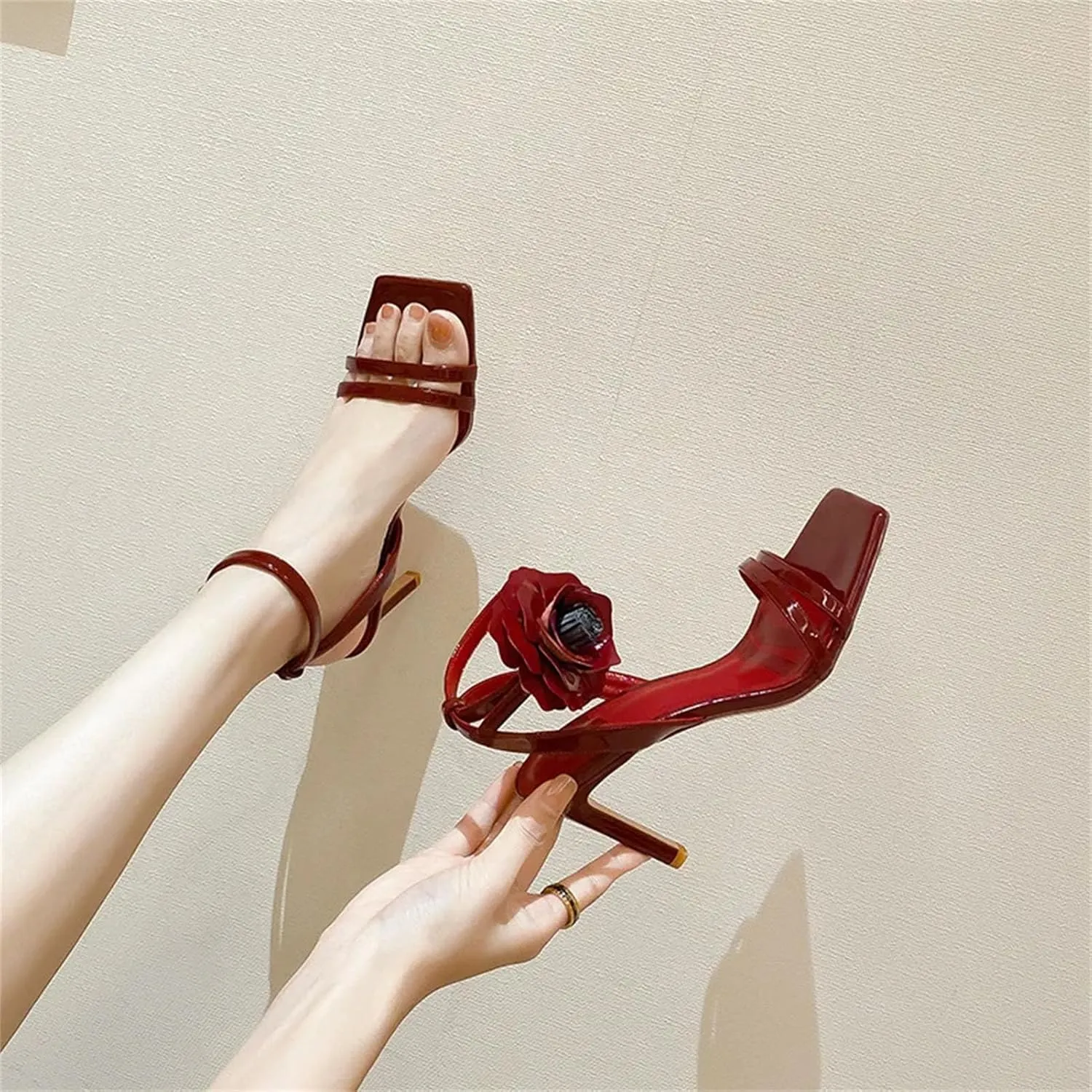 Women's Square Headed Lacquer Leather Sandals, Wine Red Flower Open Toe High Heels Summer French Style