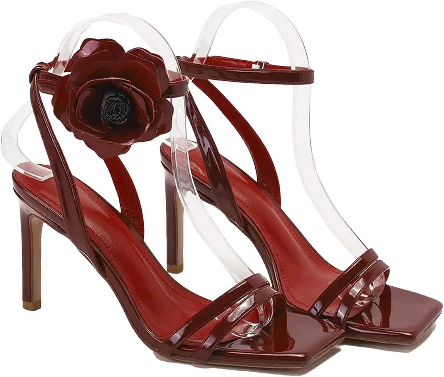 Women's Square Headed Lacquer Leather Sandals, Wine Red Flower Open Toe High Heels Summer French Style