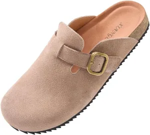 Women's Suede Clogs Leather Mules Comfort Cork Footbed Sandals Potato Shoes with Arch Support
