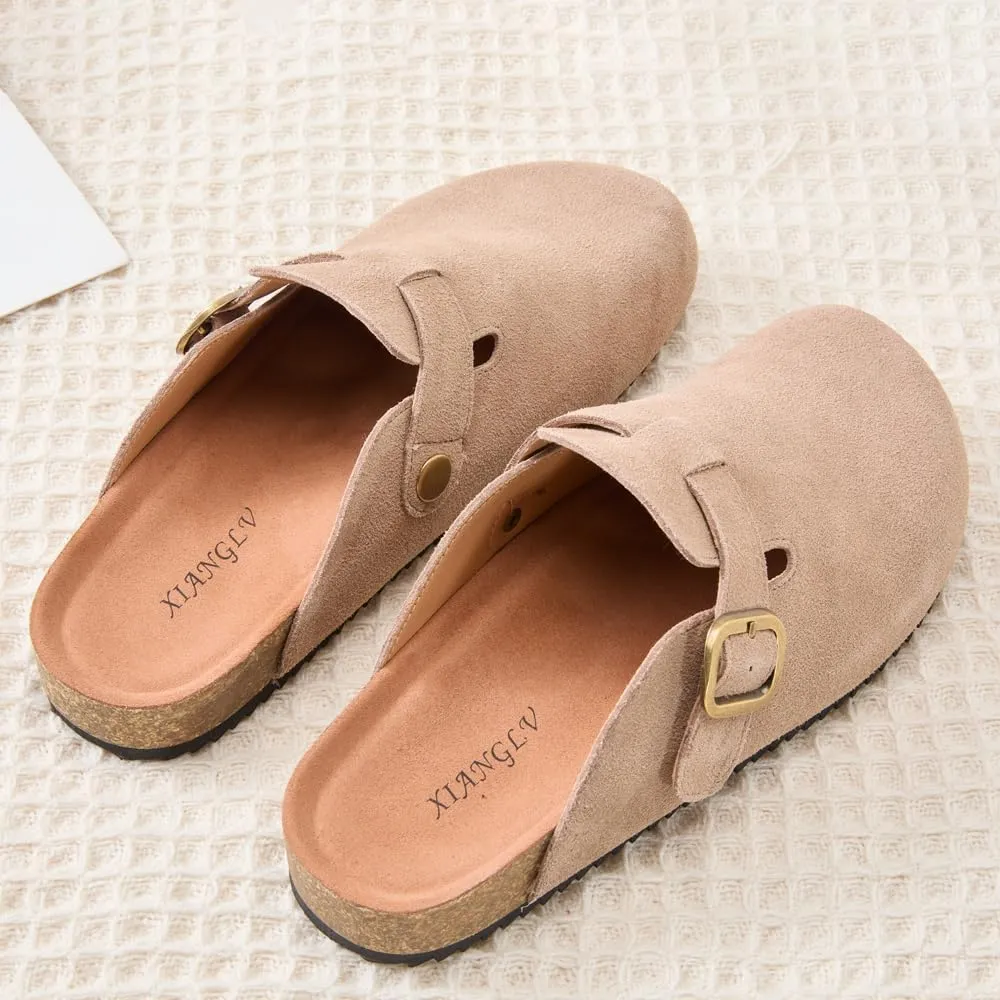Women's Suede Clogs Leather Mules Comfort Cork Footbed Sandals Potato Shoes with Arch Support