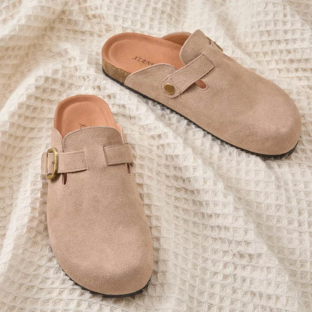Women's Suede Clogs Leather Mules Comfort Cork Footbed Sandals Potato Shoes with Arch Support