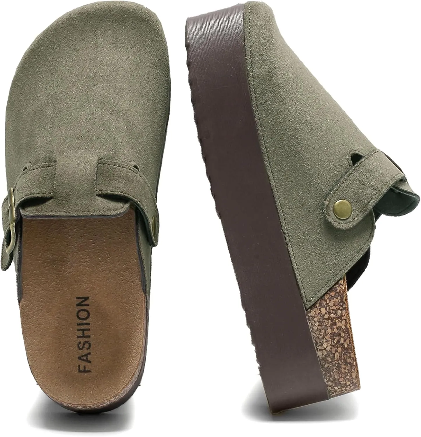 Women's Suede Clogs Leather Platform Mules Cork Footbed Sandals Comfort Potato Shoes with Arch Support Adjustable Buckle Slip On Slippers Brown