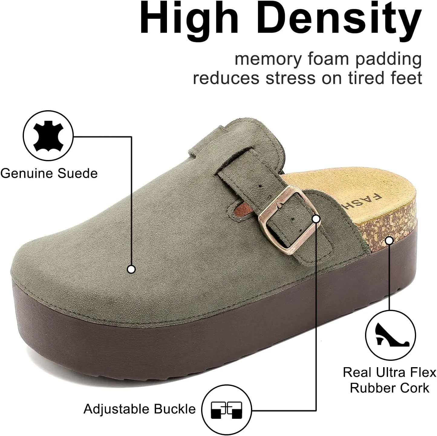 Women's Suede Clogs Leather Platform Mules Cork Footbed Sandals Comfort Potato Shoes with Arch Support Adjustable Buckle Slip On Slippers Brown
