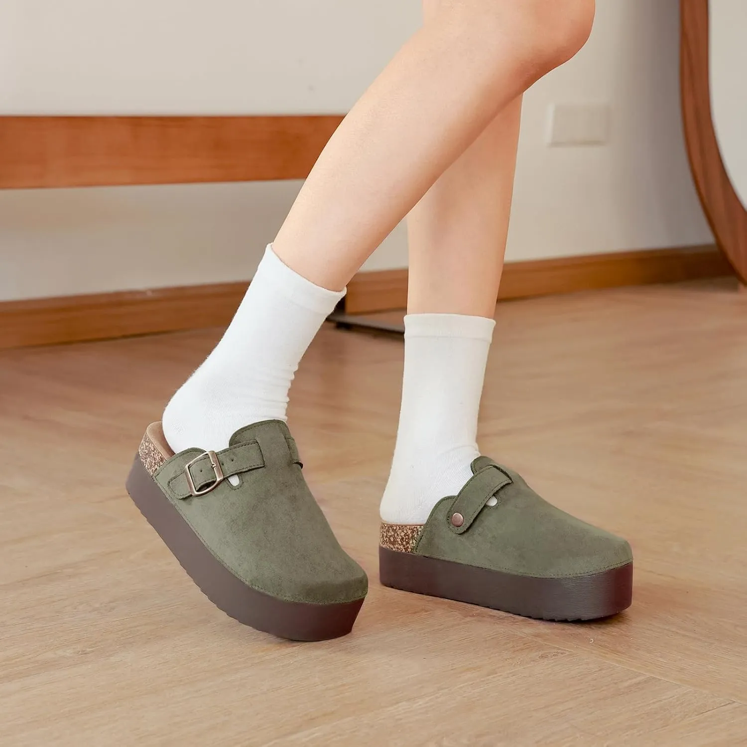 Women's Suede Clogs Leather Platform Mules Cork Footbed Sandals Comfort Potato Shoes with Arch Support Adjustable Buckle Slip On Slippers Brown