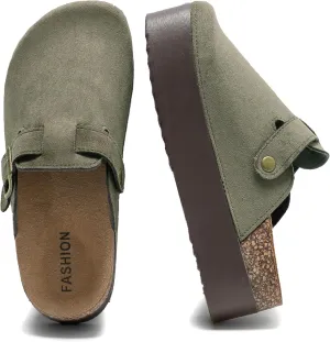 Women's Suede Clogs Leather Platform Mules Cork Footbed Sandals Comfort Potato Shoes with Arch Support Adjustable Buckle Slip On Slippers Brown