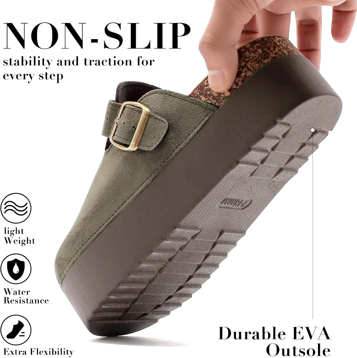 Women's Suede Clogs Leather Platform Mules Cork Footbed Sandals Comfort Potato Shoes with Arch Support Adjustable Buckle Slip On Slippers Brown