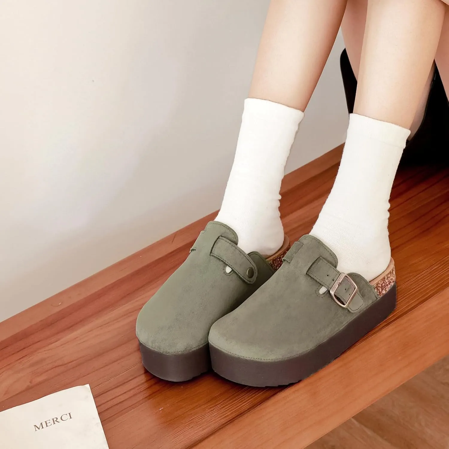 Women's Suede Clogs Leather Platform Mules Cork Footbed Sandals Comfort Potato Shoes with Arch Support Adjustable Buckle Slip On Slippers Brown