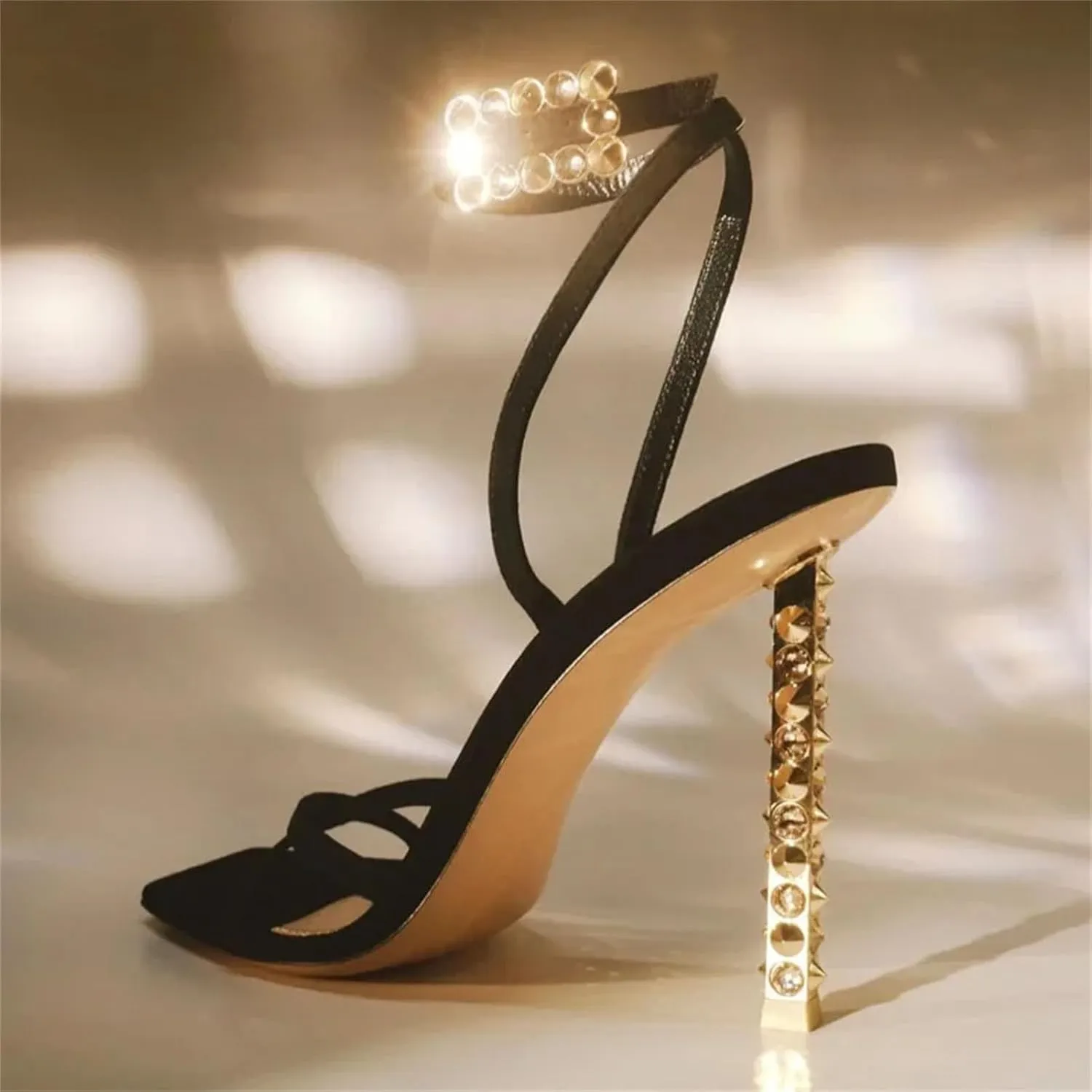 Women's Summer Square Headed Cross Strap Sandals, Diamond High Heel Black Sexy Shoes
