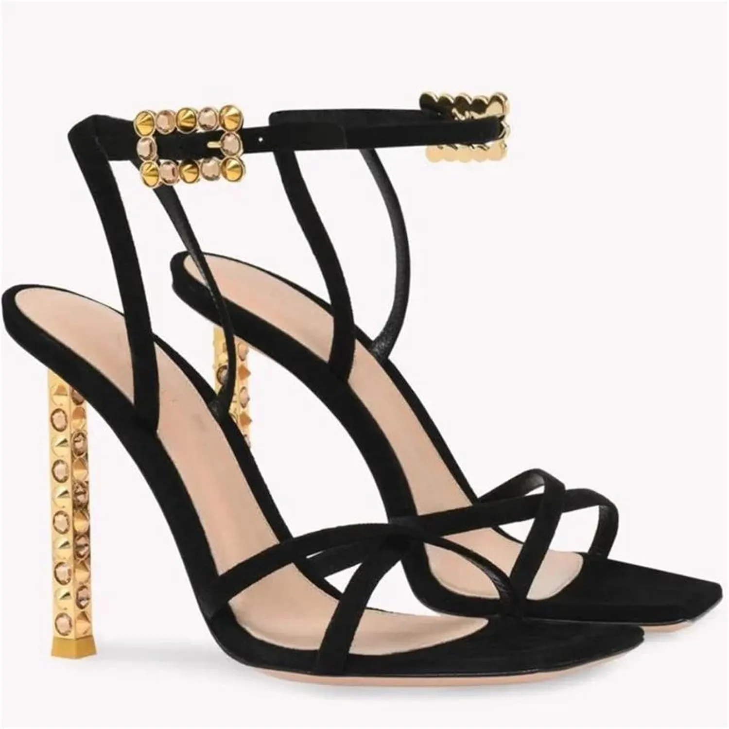 Women's Summer Square Headed Cross Strap Sandals, Diamond High Heel Black Sexy Shoes