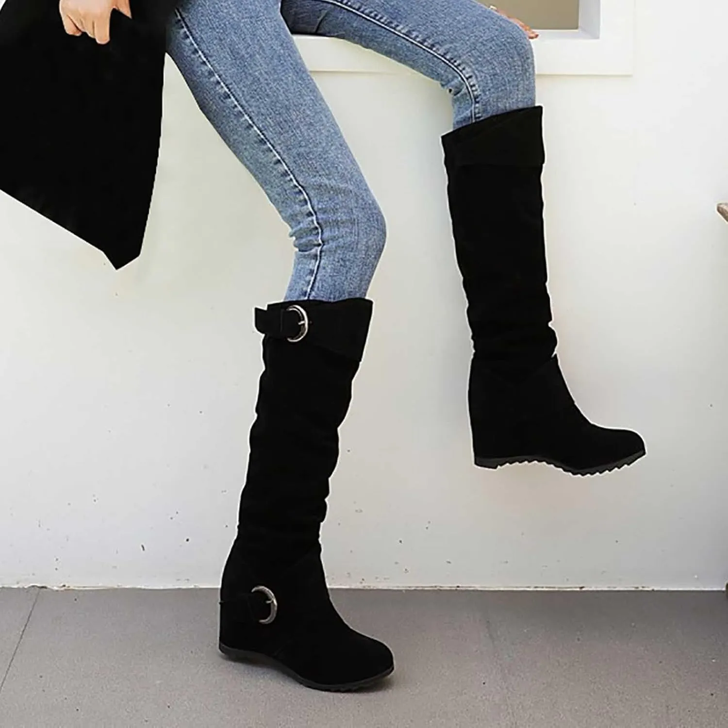 Women's Wedge Heel Knee High Boots High Heel Winter Boots Comfortable Pull on Slouch Buckle Riding Boots