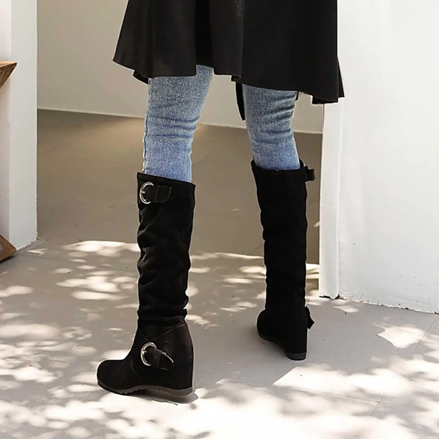Women's Wedge Heel Knee High Boots High Heel Winter Boots Comfortable Pull on Slouch Buckle Riding Boots