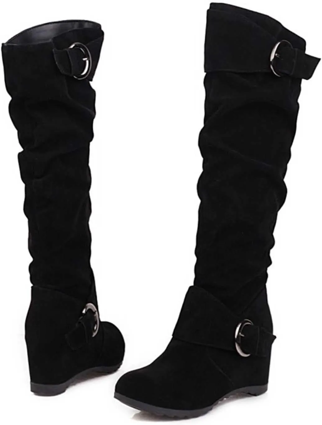 Women's Wedge Heel Knee High Boots High Heel Winter Boots Comfortable Pull on Slouch Buckle Riding Boots