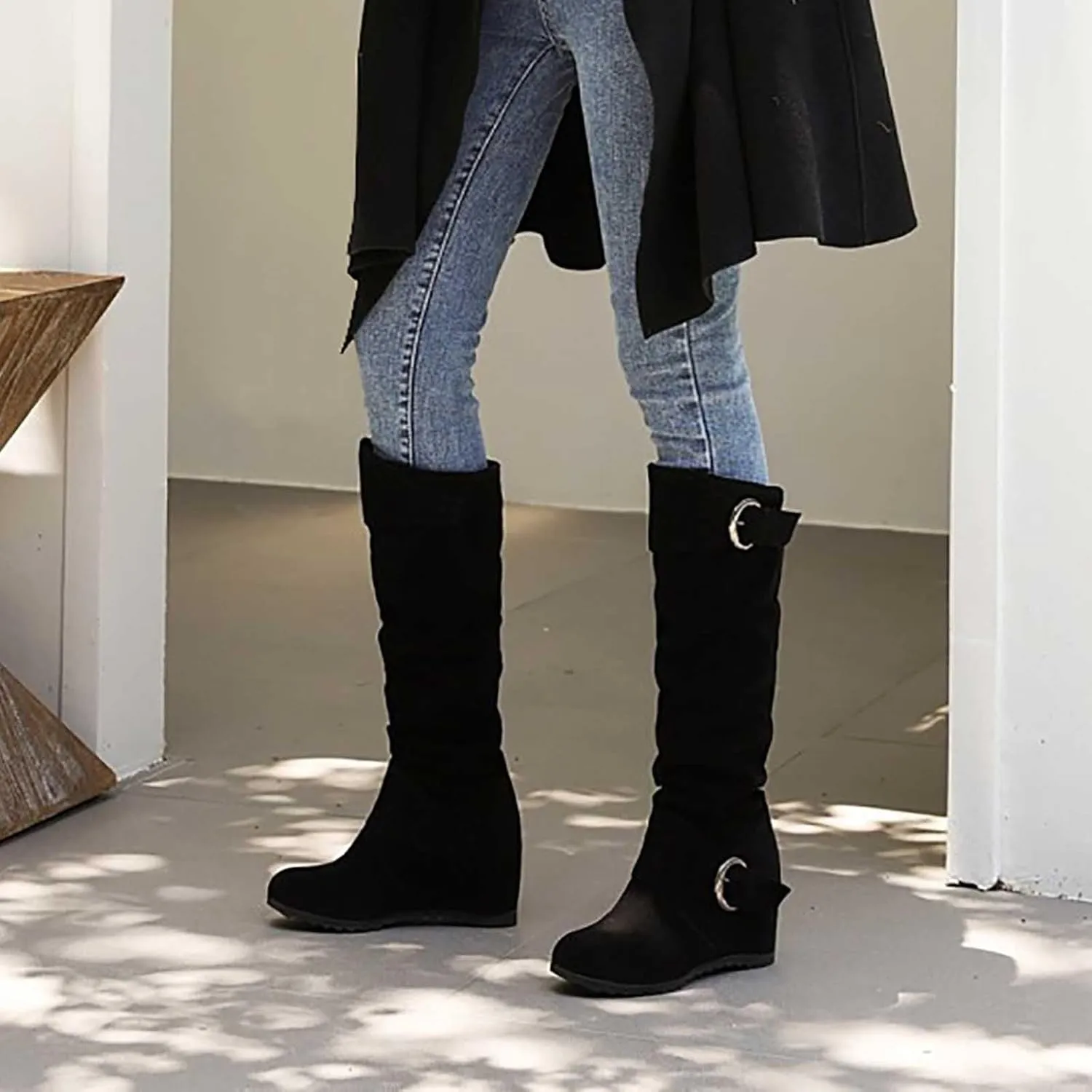 Women's Wedge Heel Knee High Boots High Heel Winter Boots Comfortable Pull on Slouch Buckle Riding Boots