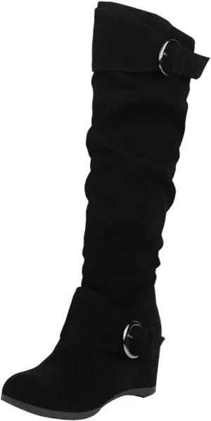 Women's Wedge Heel Knee High Boots High Heel Winter Boots Comfortable Pull on Slouch Buckle Riding Boots