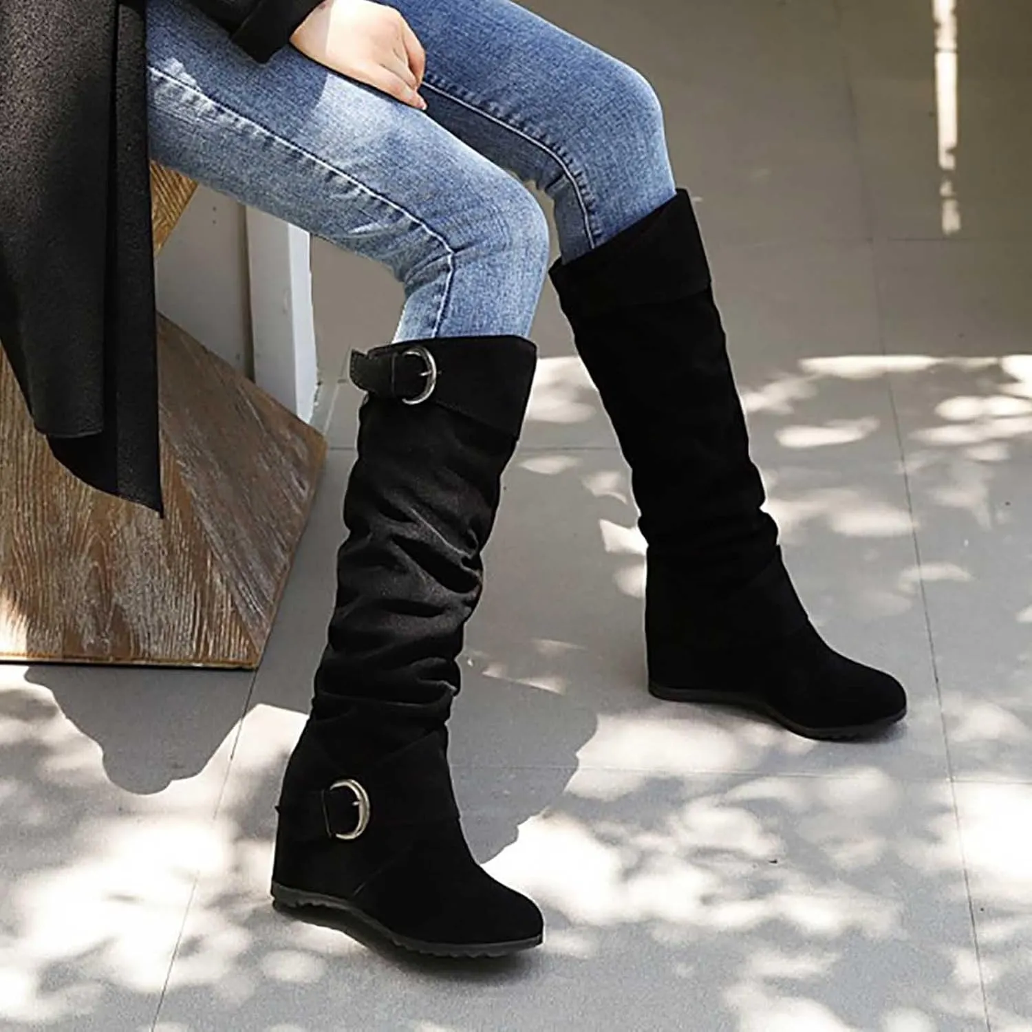 Women's Wedge Heel Knee High Boots High Heel Winter Boots Comfortable Pull on Slouch Buckle Riding Boots
