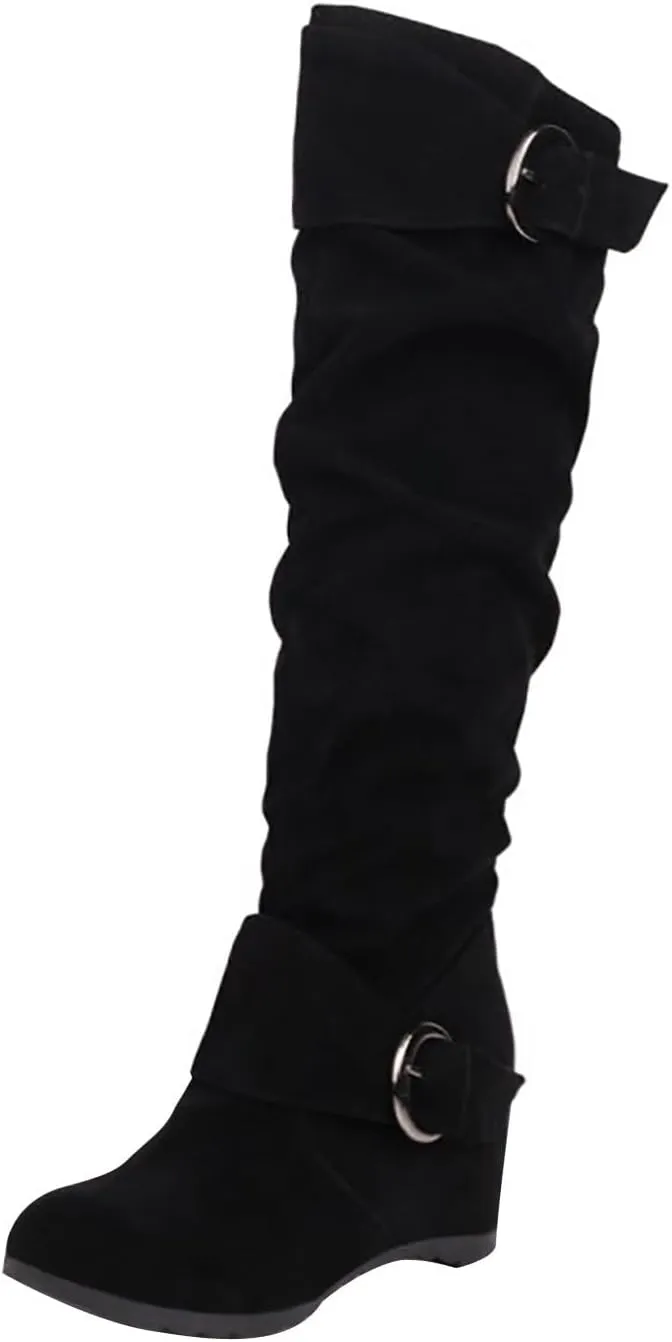 Women's Wedge Heel Knee High Boots High Heel Winter Boots Comfortable Pull on Slouch Buckle Riding Boots