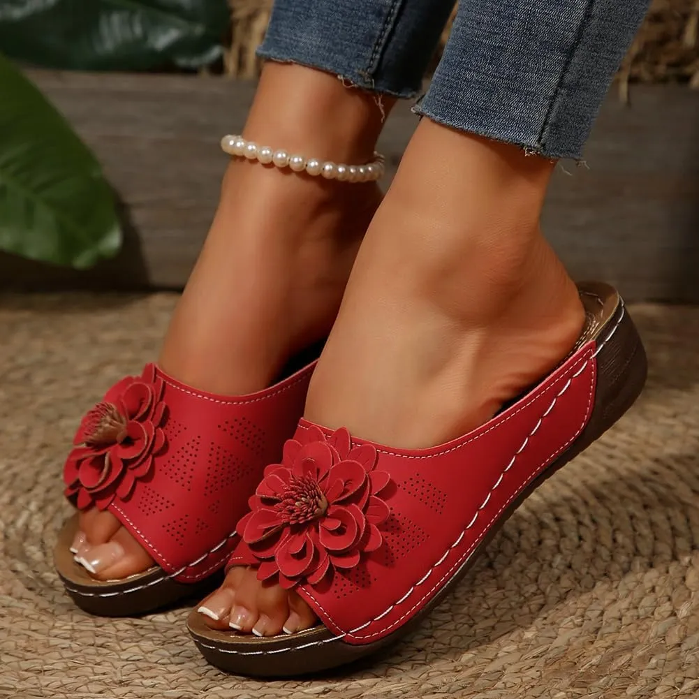 Womens Wedge Sandals 2025 Flower Summer Dressy Flat Open Toe Platform Shoes Casual Boho Slip on Beach Walking Sandals
