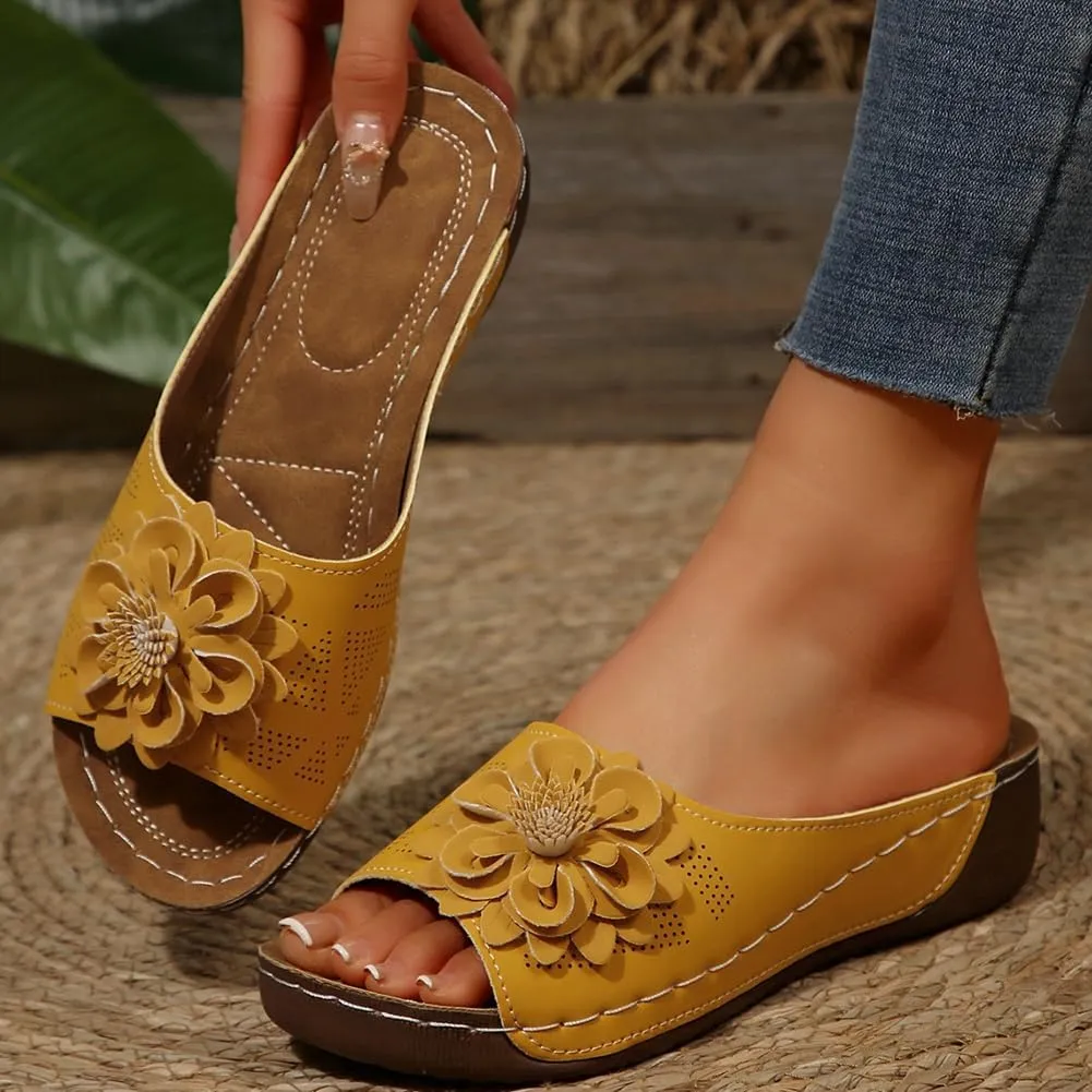 Womens Wedge Sandals 2025 Flower Summer Dressy Flat Open Toe Platform Shoes Casual Boho Slip on Beach Walking Sandals