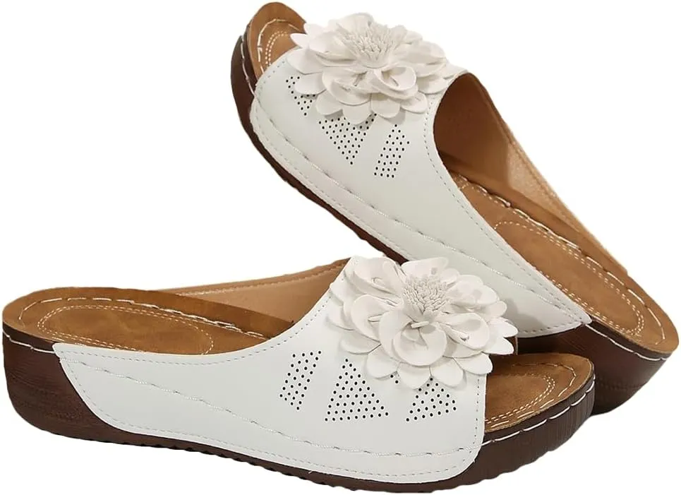 Womens Wedge Sandals 2025 Flower Summer Dressy Flat Open Toe Platform Shoes Casual Boho Slip on Beach Walking Sandals
