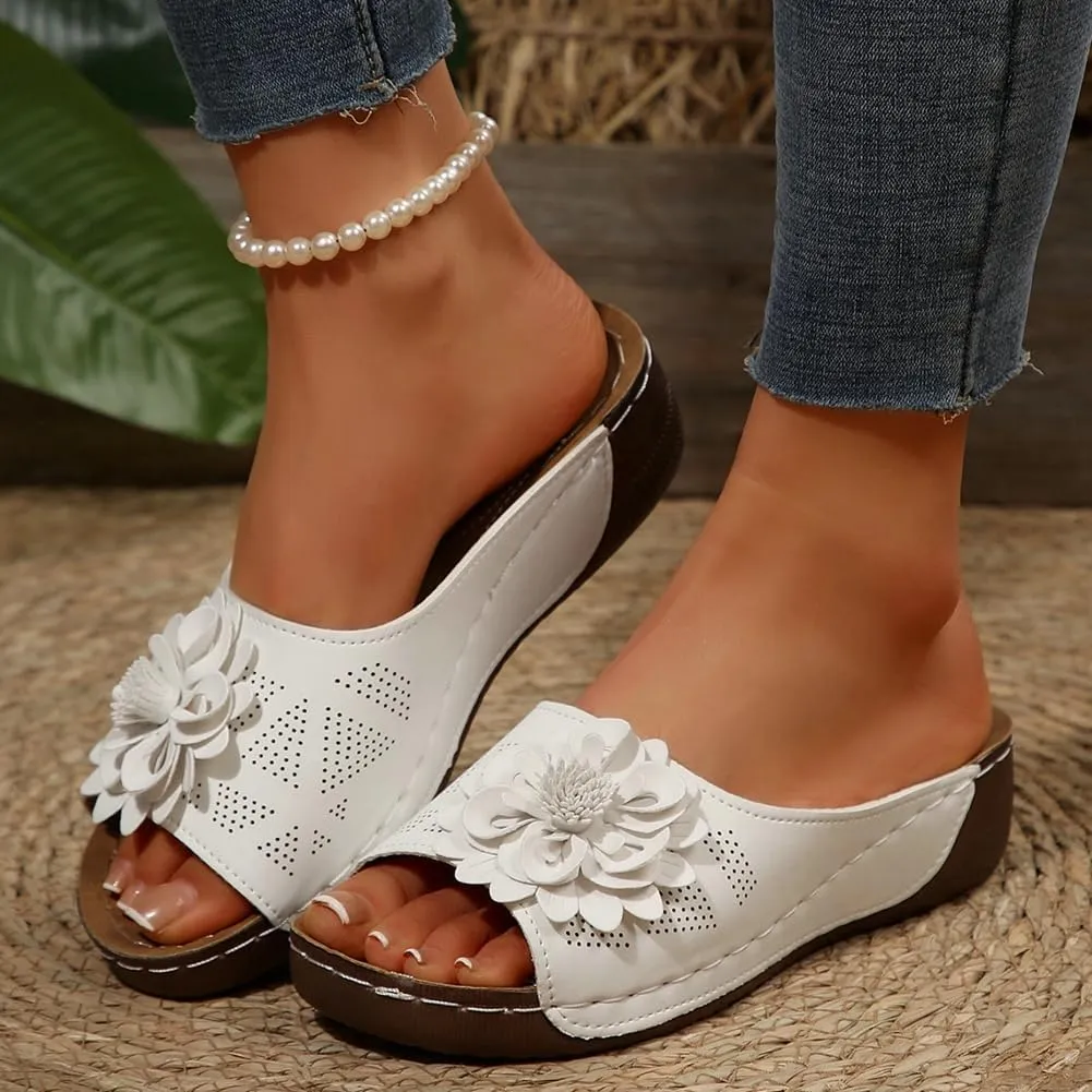 Womens Wedge Sandals 2025 Flower Summer Dressy Flat Open Toe Platform Shoes Casual Boho Slip on Beach Walking Sandals