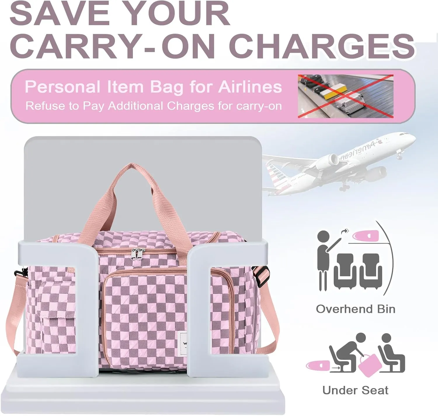 WOOMADA Foldable Travel Duffel Bag with Shoes Compartment, Overnight Bag with Wet Pocket & Trolley Sleeve, Weekender Bags for Women (pink checkerboard)
