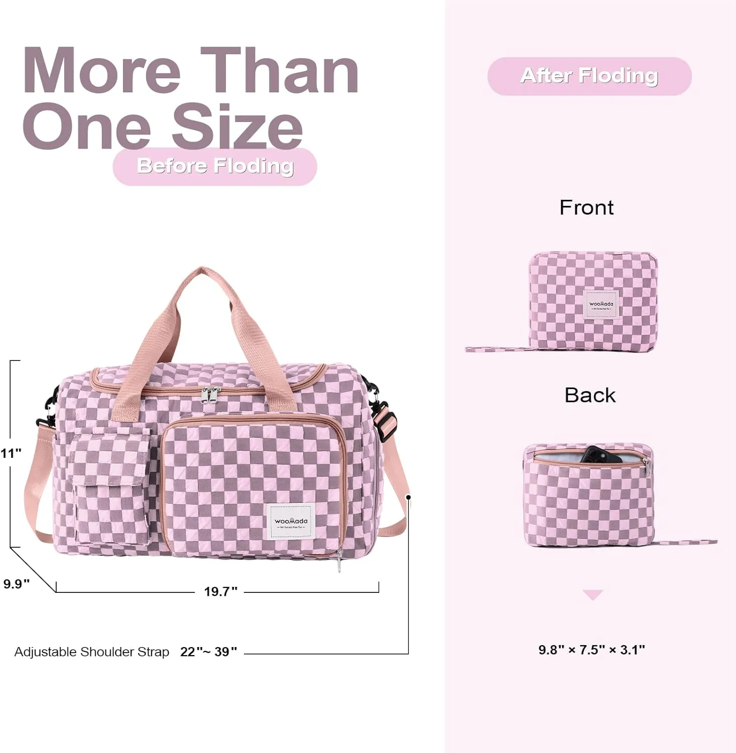WOOMADA Foldable Travel Duffel Bag with Shoes Compartment, Overnight Bag with Wet Pocket & Trolley Sleeve, Weekender Bags for Women (pink checkerboard)