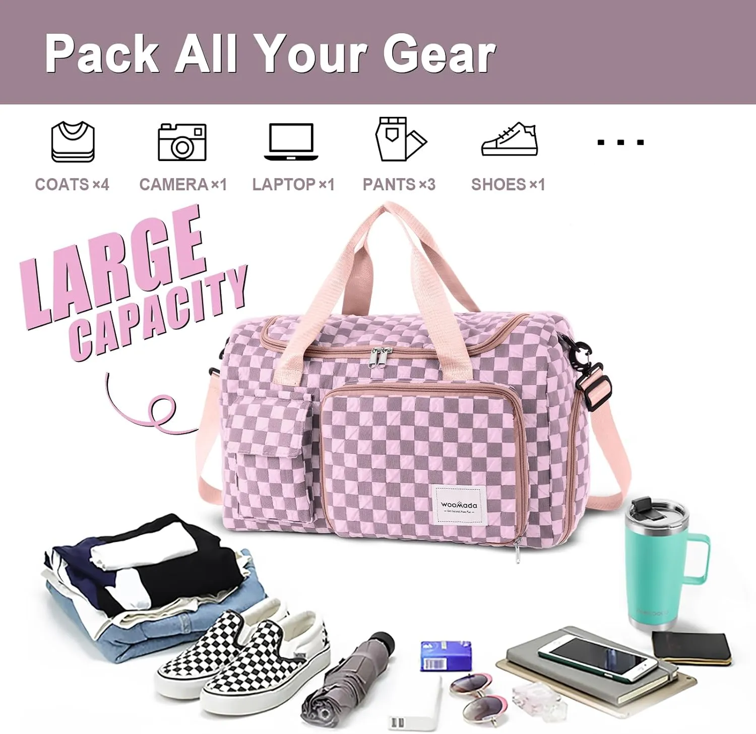 WOOMADA Foldable Travel Duffel Bag with Shoes Compartment, Overnight Bag with Wet Pocket & Trolley Sleeve, Weekender Bags for Women (pink checkerboard)
