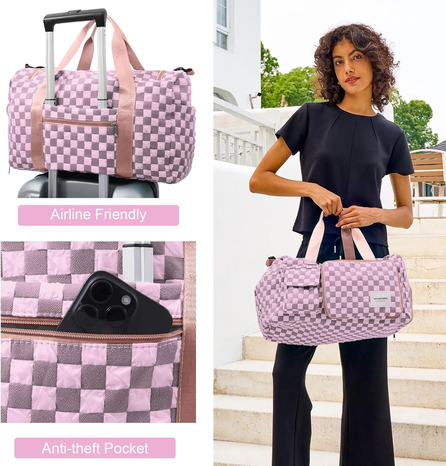 WOOMADA Foldable Travel Duffel Bag with Shoes Compartment, Overnight Bag with Wet Pocket & Trolley Sleeve, Weekender Bags for Women (pink checkerboard)
