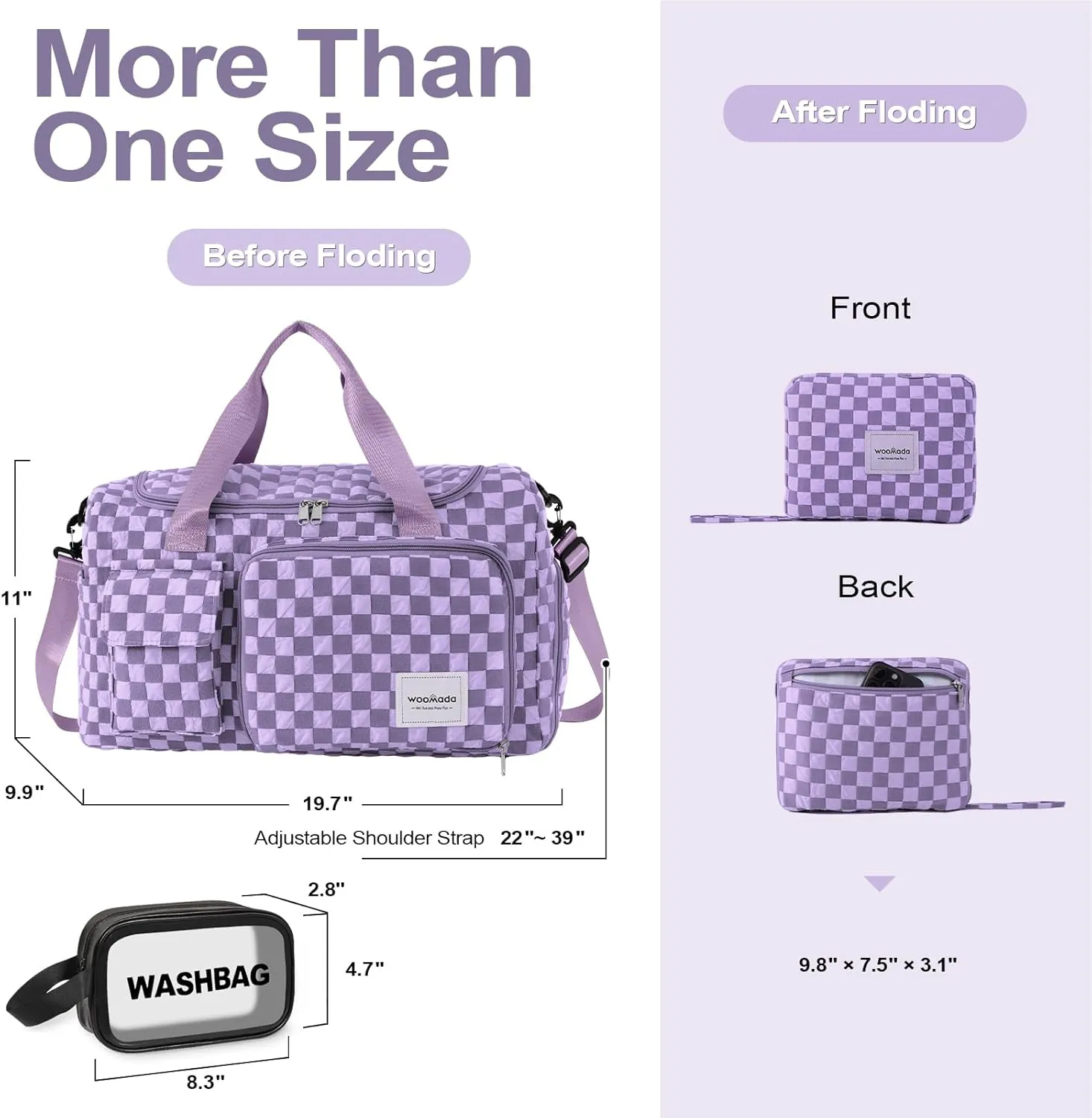 WOOMADA Foldable Travel Duffel Bag with Shoes Compartment, Overnight Bag with Wet Pocket, Weekender Carry On with cosmetic bag for Women(purple checkerboard)