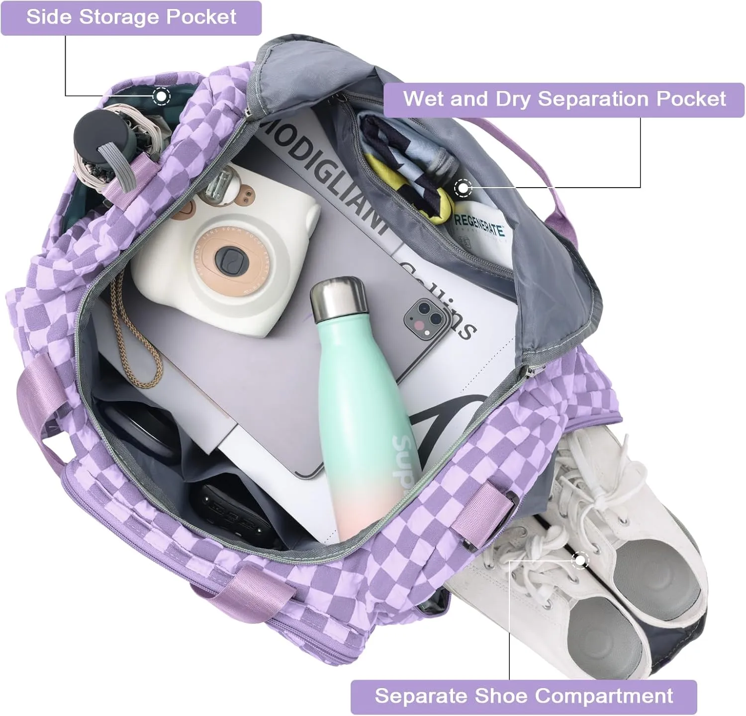 WOOMADA Foldable Travel Duffel Bag with Shoes Compartment, Overnight Bag with Wet Pocket, Weekender Carry On with cosmetic bag for Women(purple checkerboard)