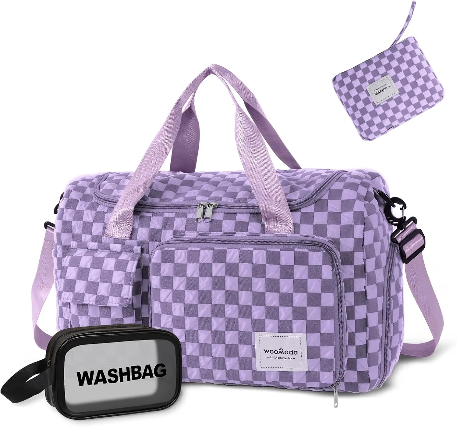 WOOMADA Foldable Travel Duffel Bag with Shoes Compartment, Overnight Bag with Wet Pocket, Weekender Carry On with cosmetic bag for Women(purple checkerboard)