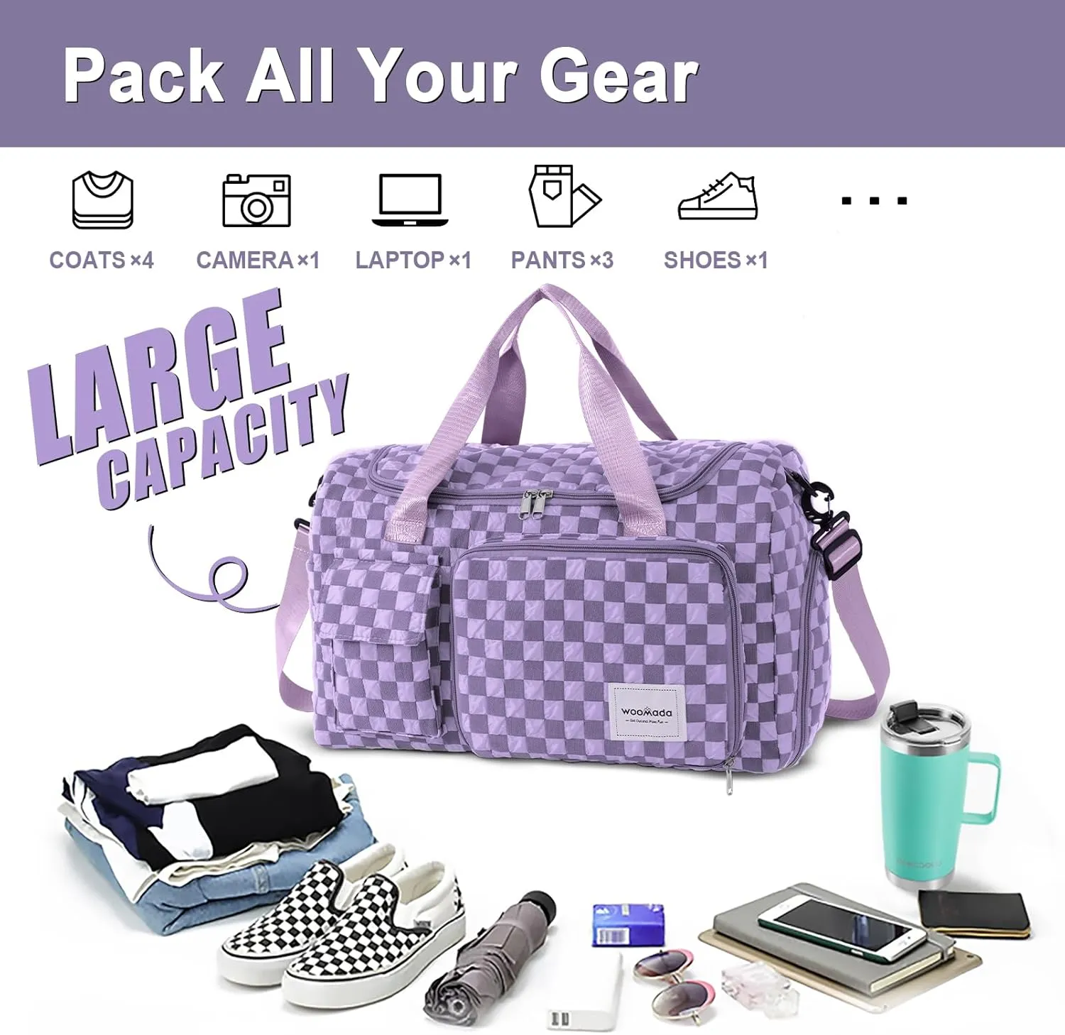 WOOMADA Foldable Travel Duffel Bag with Shoes Compartment, Overnight Bag with Wet Pocket, Weekender Carry On with cosmetic bag for Women(purple checkerboard)