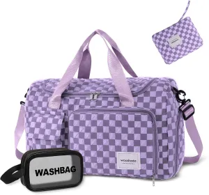 WOOMADA Foldable Travel Duffel Bag with Shoes Compartment, Overnight Bag with Wet Pocket, Weekender Carry On with cosmetic bag for Women(purple checkerboard)