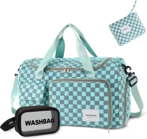 WOOMADA Foldable Travel Duffel Bag with Shoes Compartment, Overnight Bag with Wet Pocket, Weekender Carry On with cosmetic bag for Women(turquoise checkerboard)