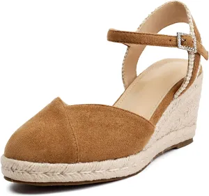 XIEDA Women's Classic Wedge Sandals 3 Inch Closed Toe Platform Espadrilles Adjustable Ankle Strap Comfortable Summer Faux Suede Wedges Shoes