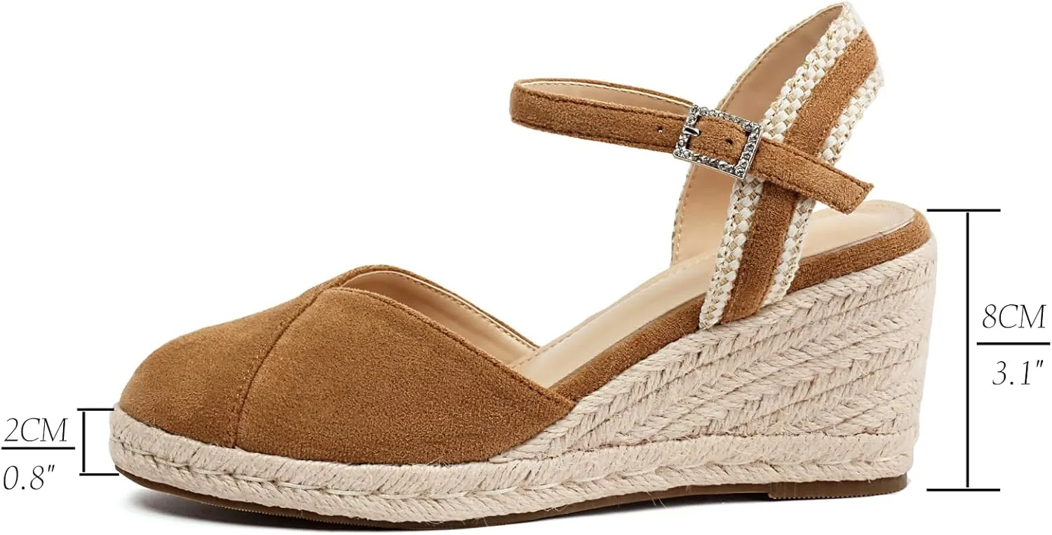 XIEDA Women's Classic Wedge Sandals 3 Inch Closed Toe Platform Espadrilles Adjustable Ankle Strap Comfortable Summer Faux Suede Wedges Shoes