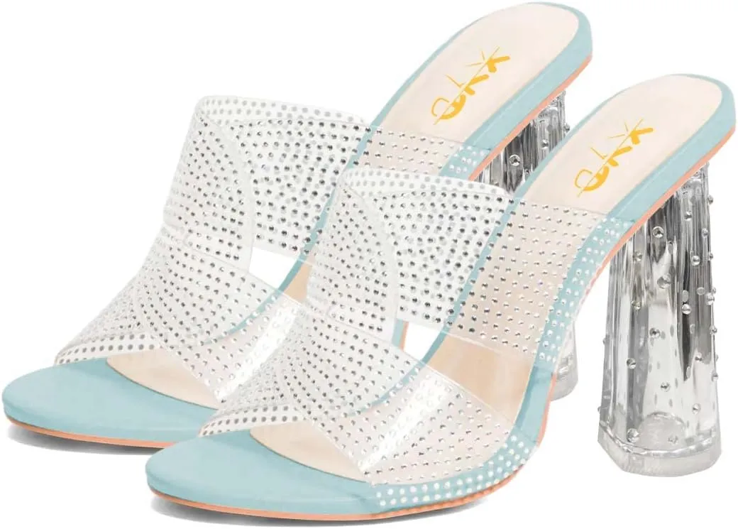 XYD Women Clear Open Toe Mules High Chunky Crystal Heel Rhinestones Slip On Slide Sandals Summer Beach Vacation Dress Shoes