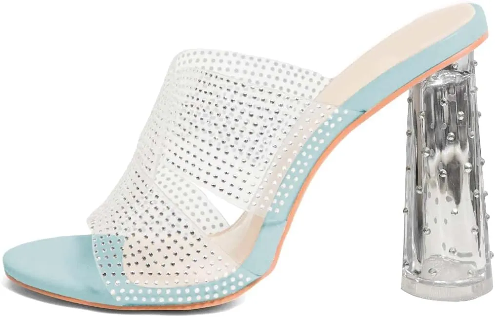 XYD Women Clear Open Toe Mules High Chunky Crystal Heel Rhinestones Slip On Slide Sandals Summer Beach Vacation Dress Shoes