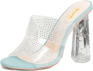 XYD Women Clear Open Toe Mules High Chunky Crystal Heel Rhinestones Slip On Slide Sandals Summer Beach Vacation Dress Shoes